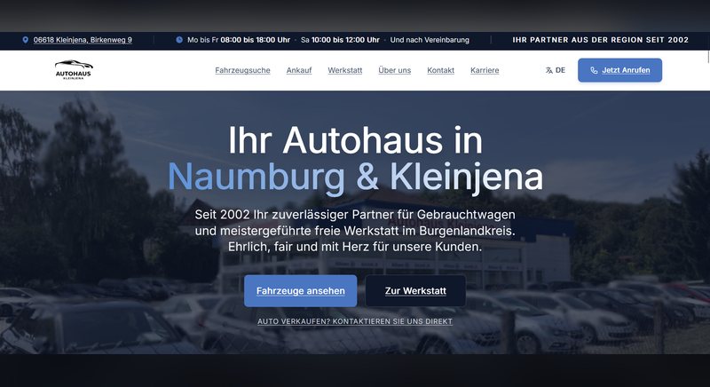 Startseite der Webseite Autohaus Kleinjena